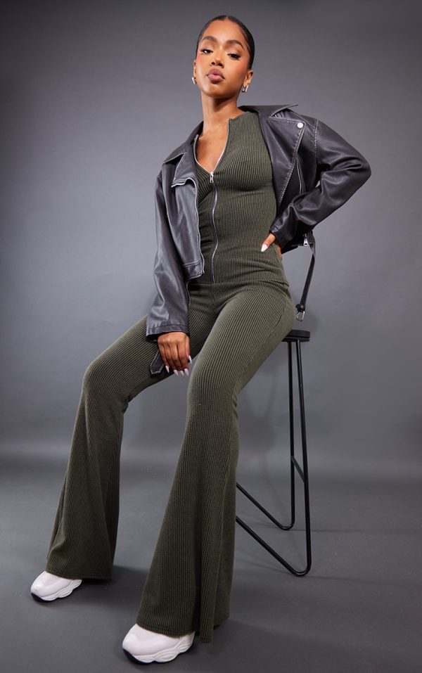 Moss Khaki Two Tone Rib High Waist Flares
