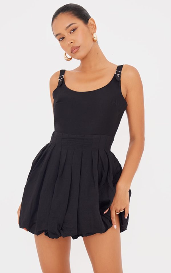 Black Textured Buckle Strap Puffball Dress
