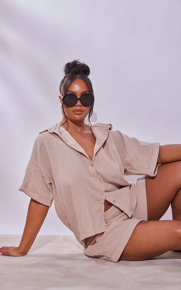 Plus Stone Woven Textured Short Sleeve Shirt
