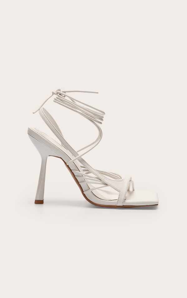 White Pu Square Toe Asymmetric Strappy Lace Up High Heel Sandals