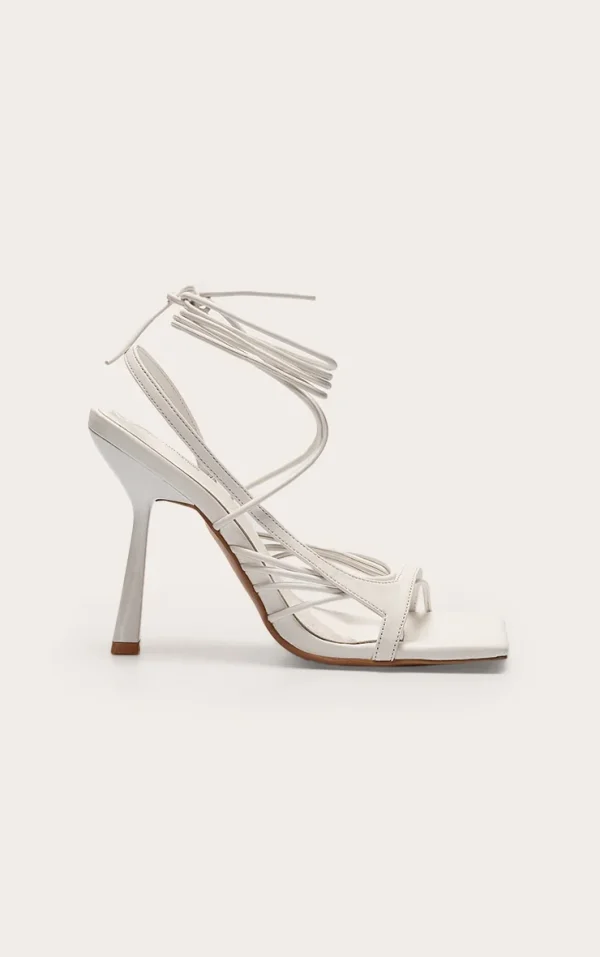 White Pu Square Toe Asymmetric Strappy Lace Up High Heel Sandals