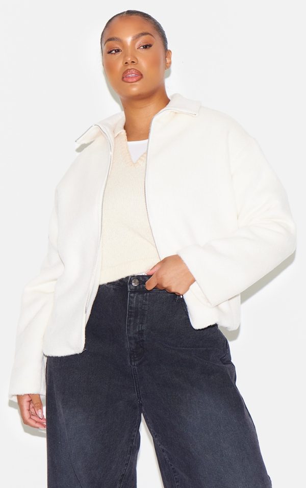Plus Cream Wool Look Wide Collar Zip Up Jacket