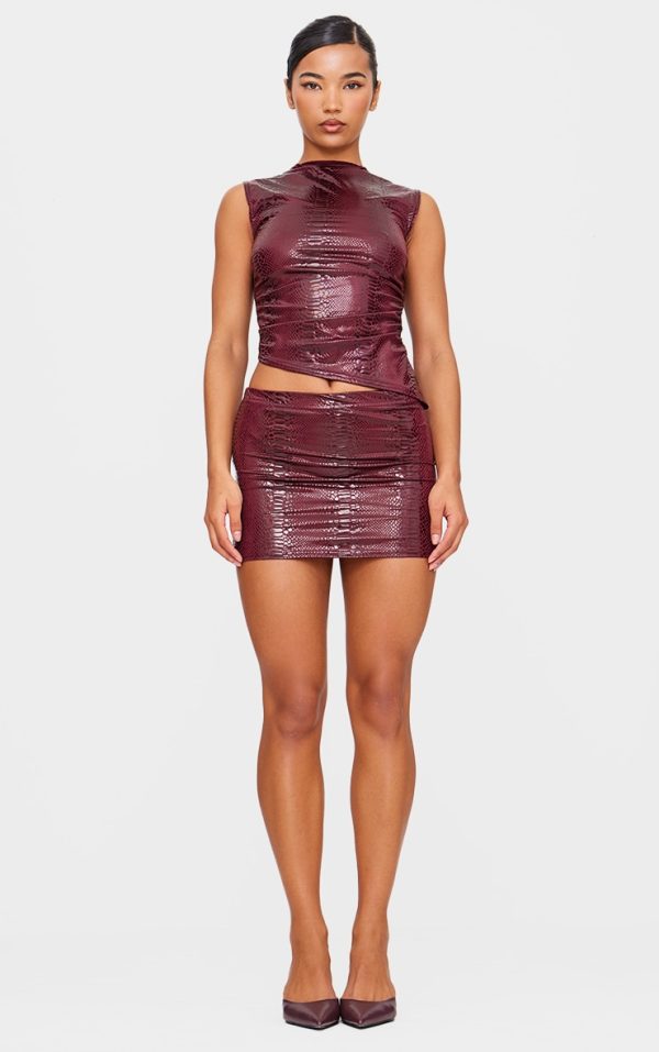 Burgundy Wet Look Croc Printed Micro Mini Skirt