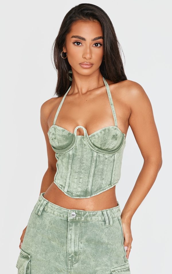 Petite Washed Green Denim Seam Detail Corset