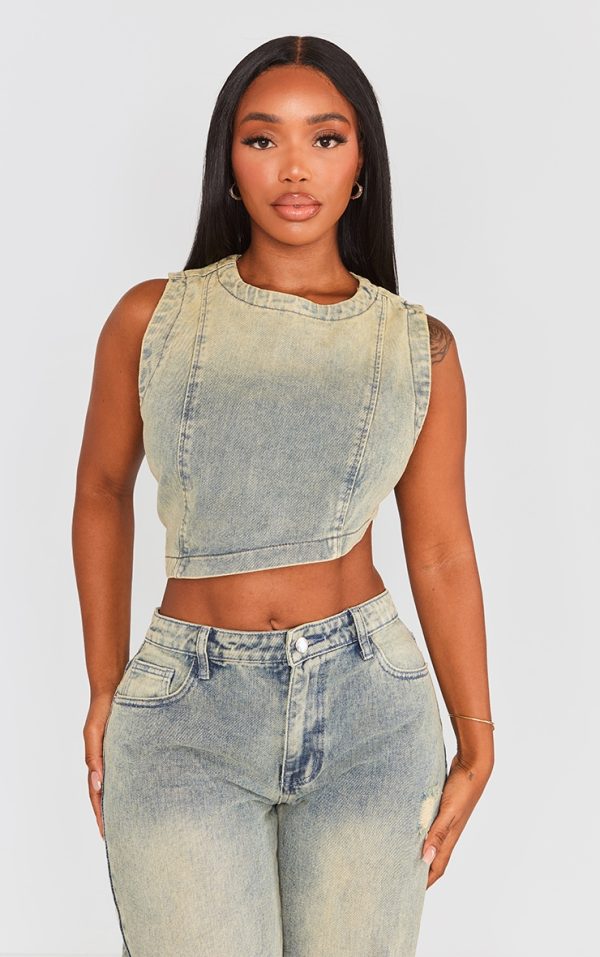 Shape Indigo Vintage Wash Denim Washed Asymmetric Crop Top