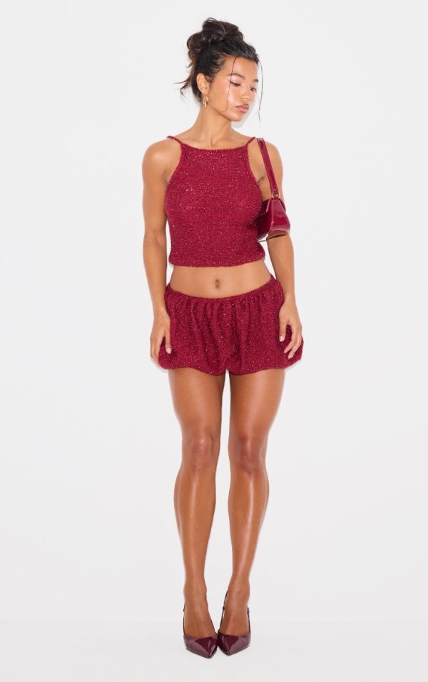 Wine Tinsel Knit Detail Puffball Skirt
