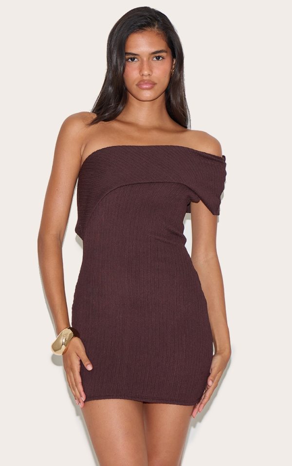 Chocolate Textured One Shoulder Bardot Bodycon Dress
