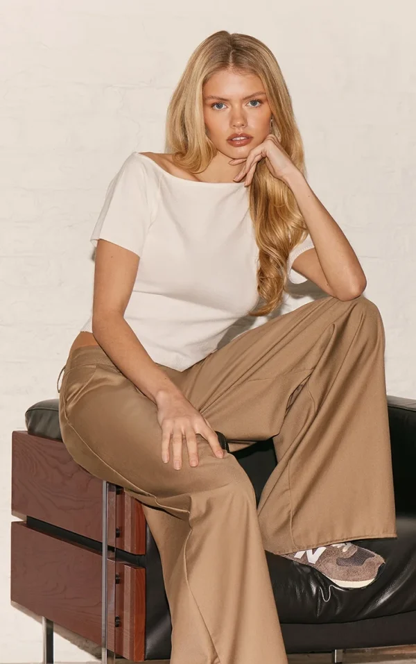 White Basic Knit Asymmetric Neckline Top