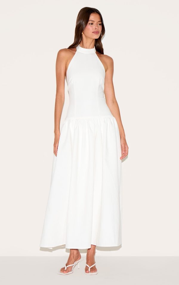 White Tailored High Neck Midaxi Dress