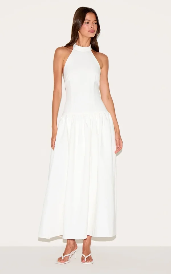 White Tailored High Neck Midaxi Dress