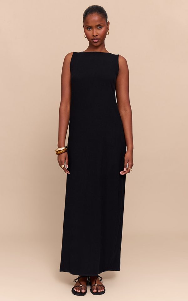 Black Textured Boat Neck Low Back Maxi Dress