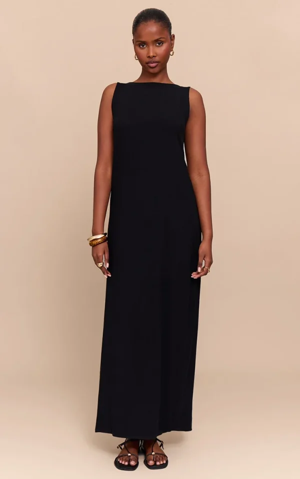 Black Textured Boat Neck Low Back Maxi Dress