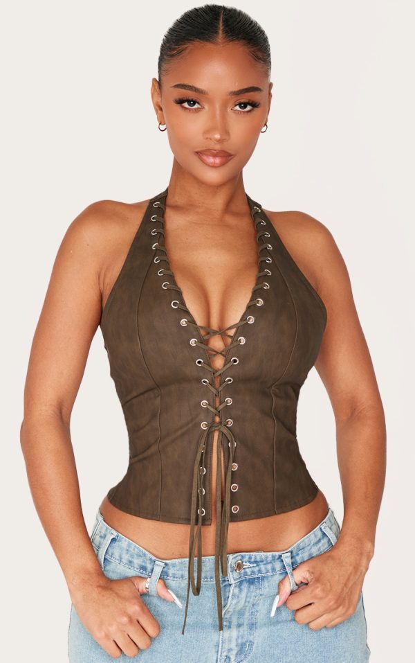 Shape Olive Washed Faux Leather Halter Neck Lace Up Corset