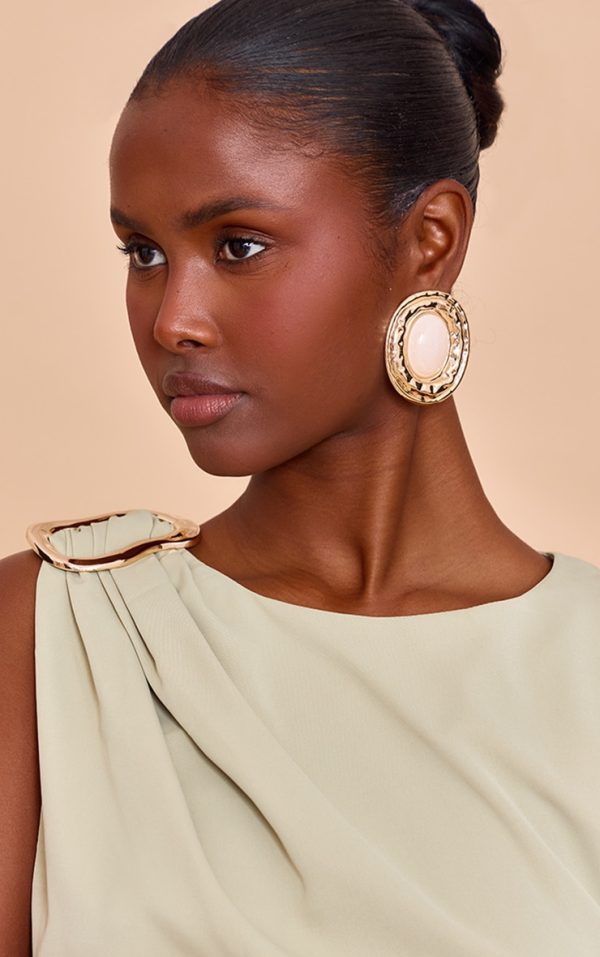 Gold Texture Cream Center Statement Earrings