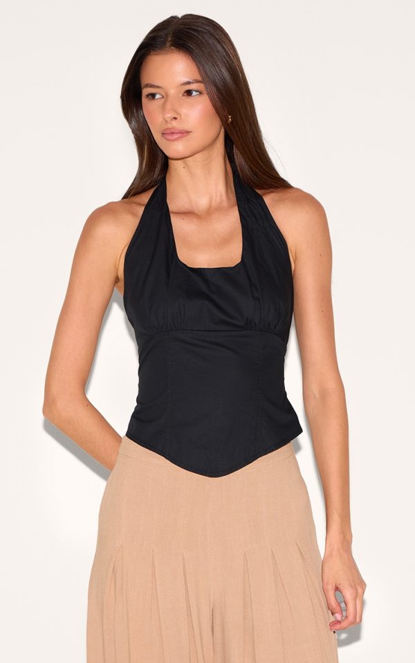 Black Halterneck Dip Hem Top