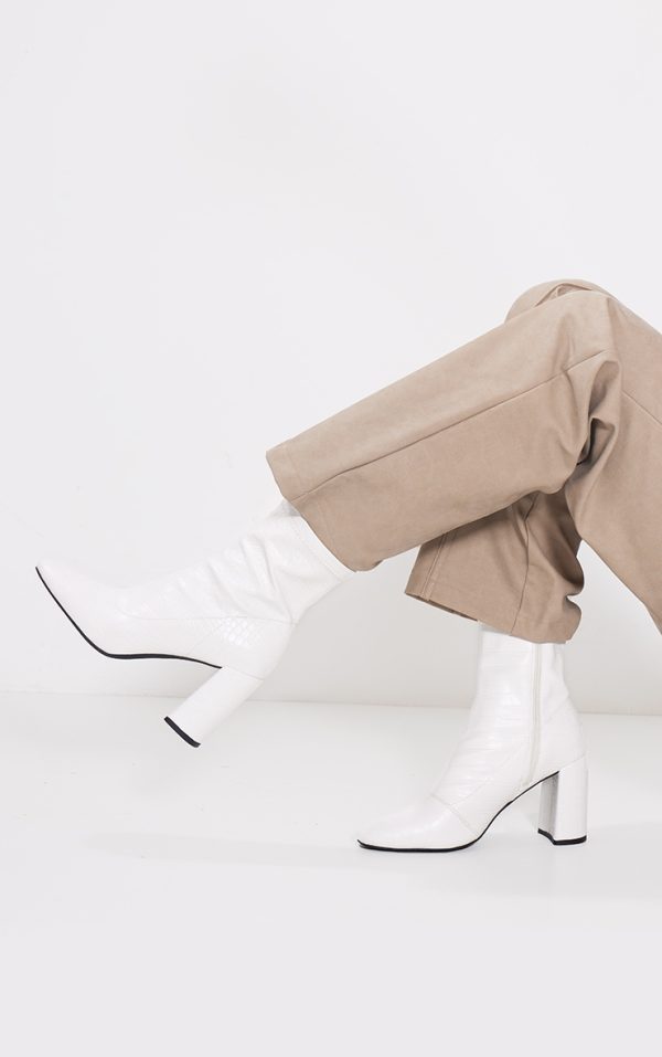 White Croc Pu Round Toe Heeled Ankle Sock Boots
