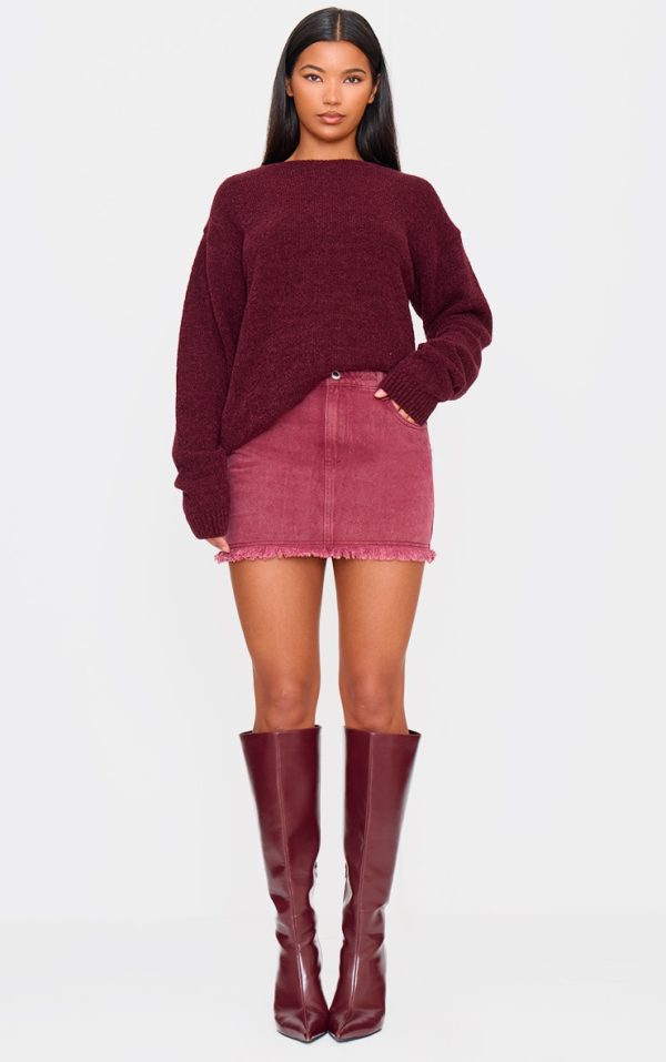 Washed Burgundy Raw Hem Denim Mini Skirt