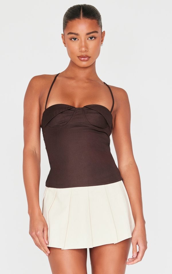 Chocolate Woven Bust Detail Cross Strap Long Top