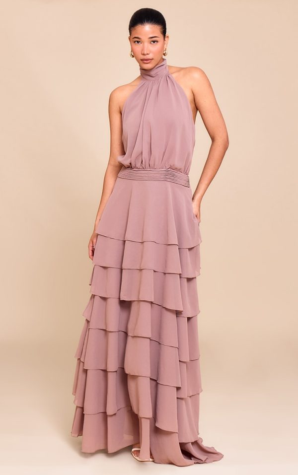 Taupe Chiffon Tiered Maxi Dress