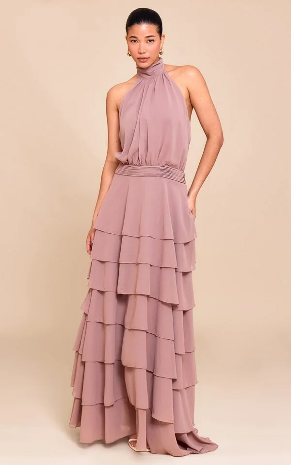 Taupe Chiffon Tiered Maxi Dress