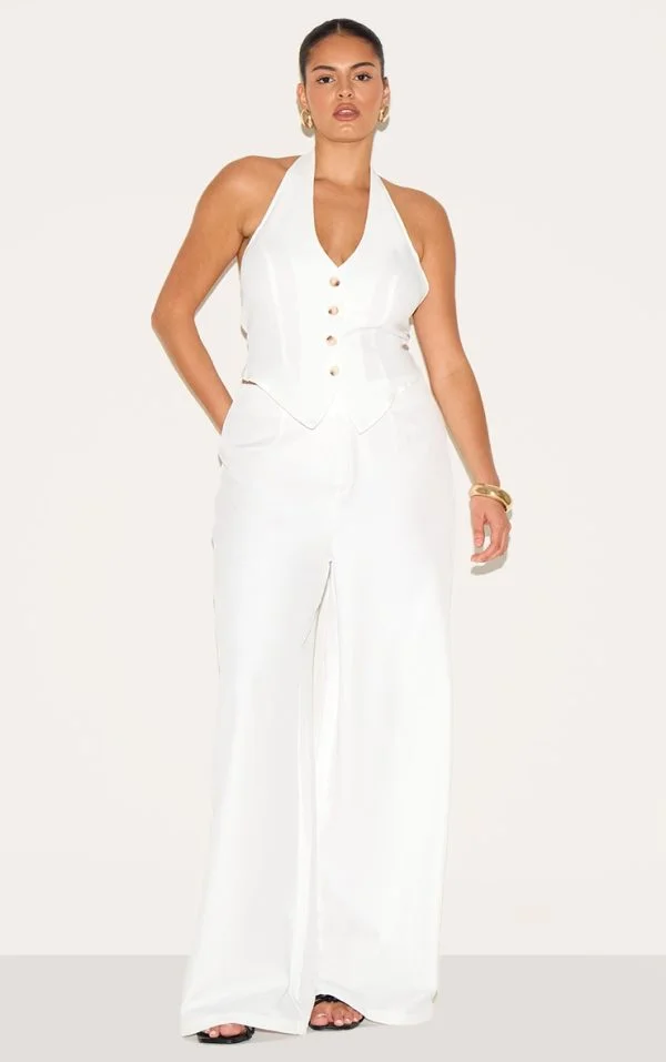 Plus Cream Tailored Woven Wide Leg Pants