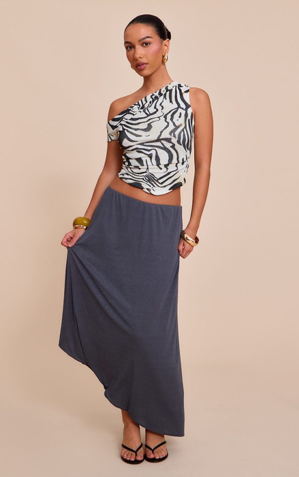 Charcoal Burnout Mesh Asymmetric Flowing Midi Skirt