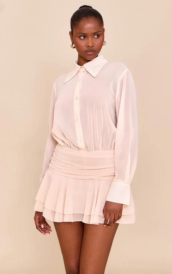 Beige Chiffon Sheer Waist Detail Romper
