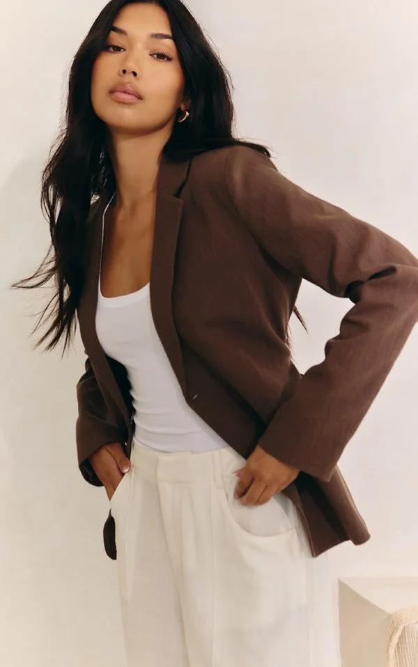 Mocha Linen Look Tie Waist Blazer