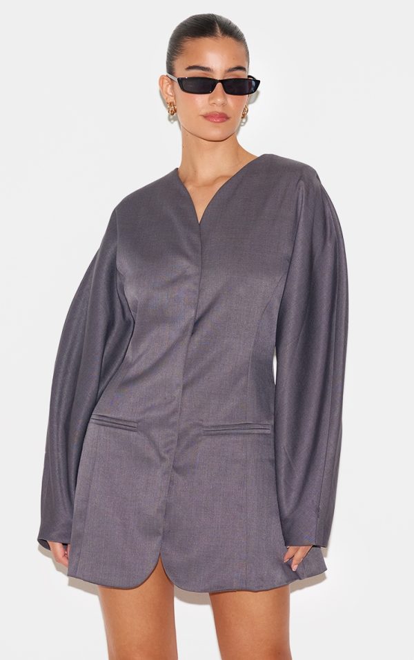 Charcoal Woven Balloon Sleeve Collarless Blazer Dress