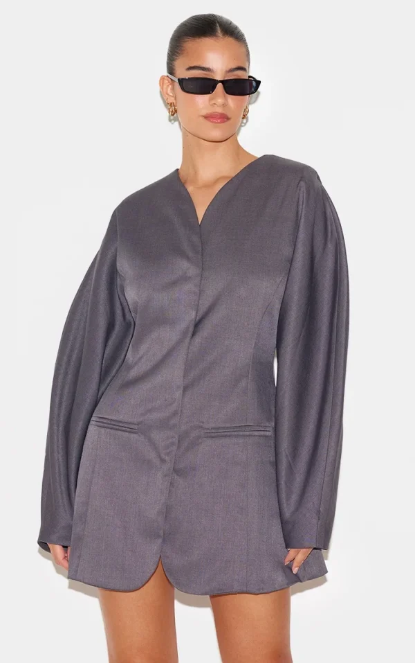 Charcoal Woven Balloon Sleeve Collarless Blazer Dress