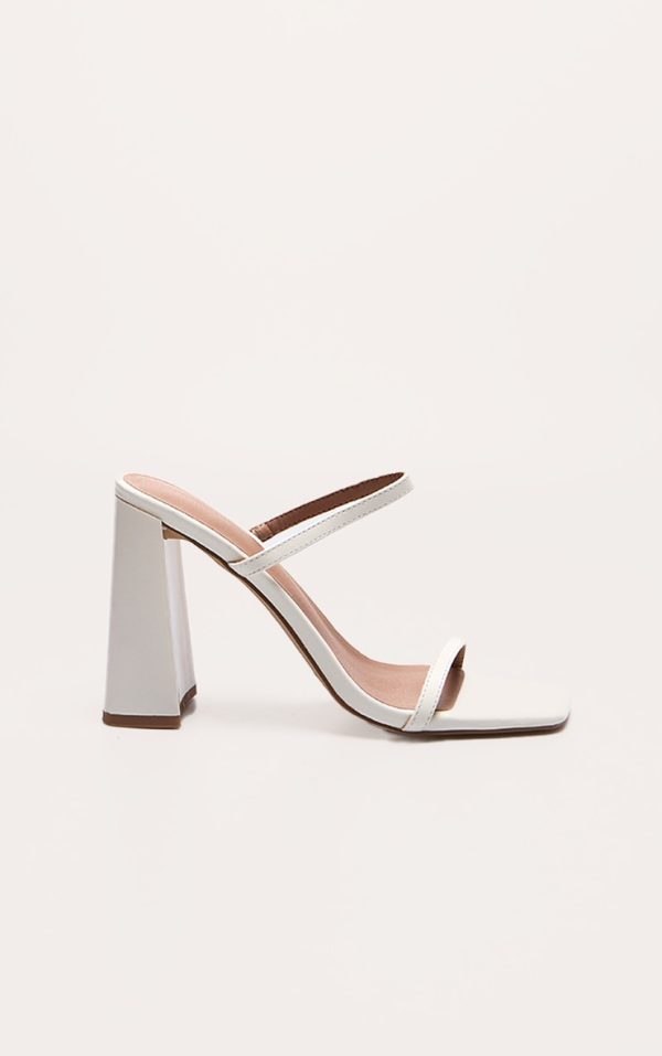 Cream Pu Square Toe Double Strap High Block Heel Mules