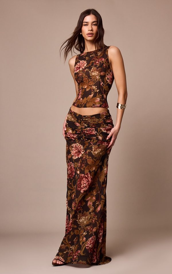 Black Floral Printed Chiffon Ruched Detail Maxi Skirt