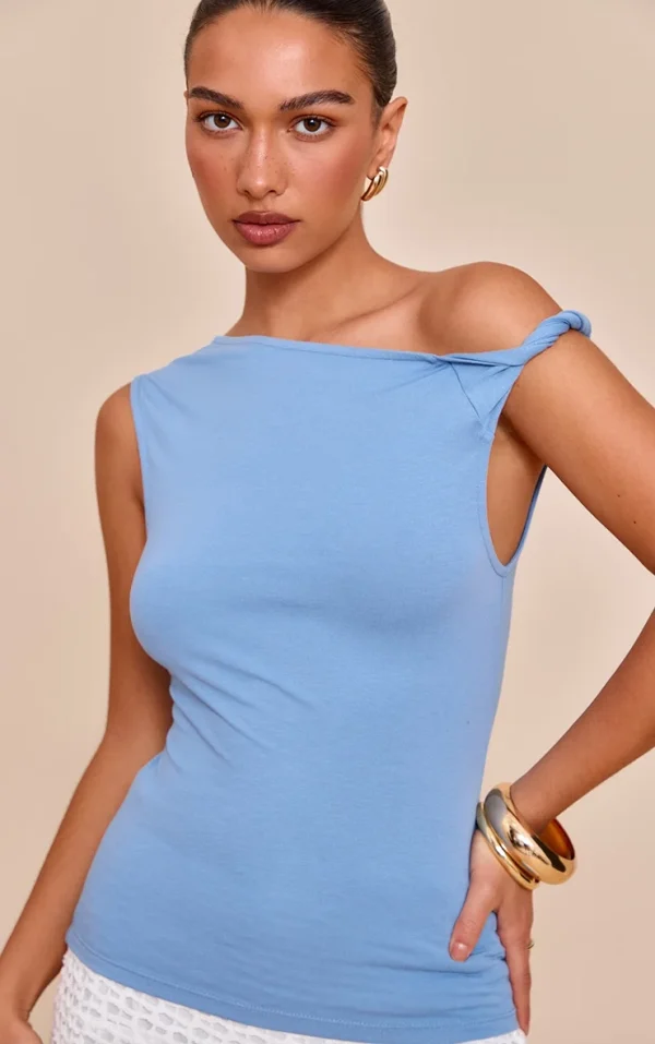 Sky Blue Soft Cotton Twist Detail Long Vest Top