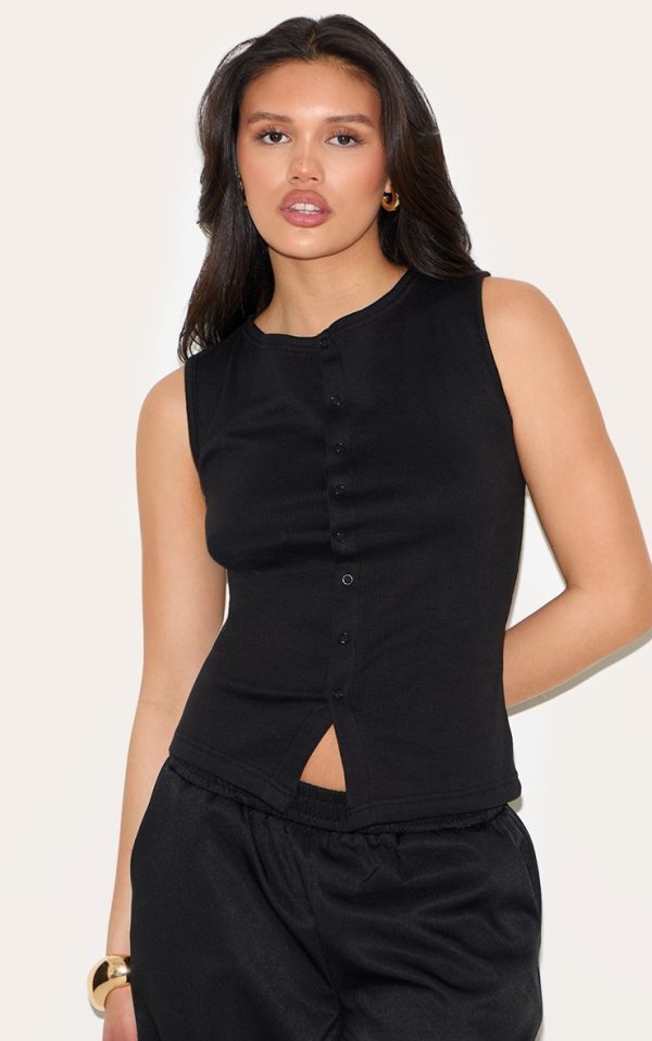Black Ribbed Button Down Sleeveless Long Top