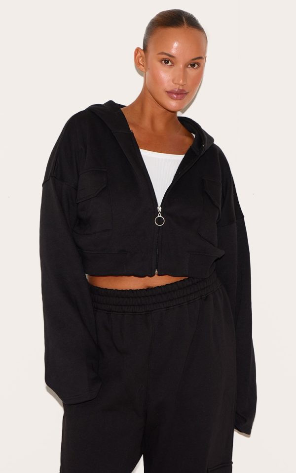 Plus Black Zip Up Cargo Crop Hoodie