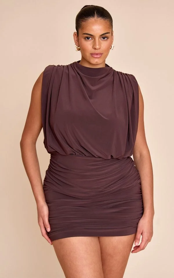 Plus Chocolate Double Layered Slinky Shoulder Padded Mini Dress