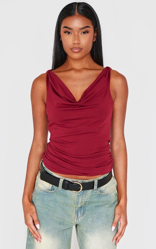 Burgundy Contour Jersey Cowl Neck Ruched Side Long Top
