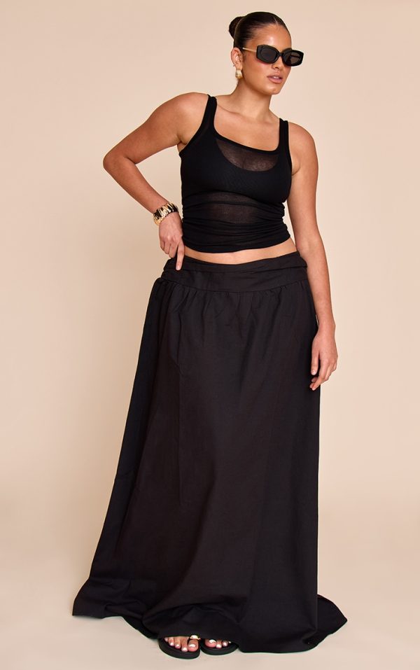 Plus Black Cotton Ruched Waist Maxi Skirt