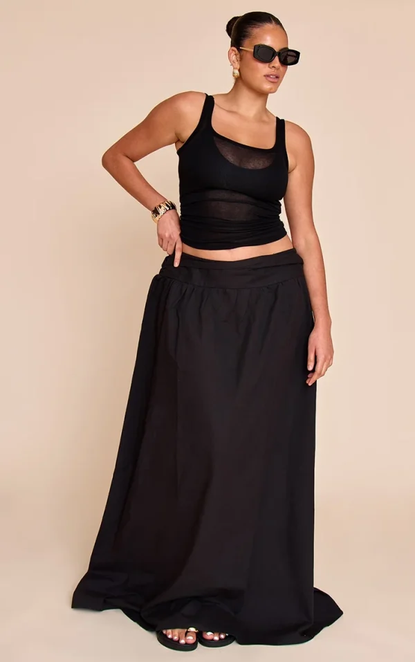 Plus Black Cotton Ruched Waist Maxi Skirt