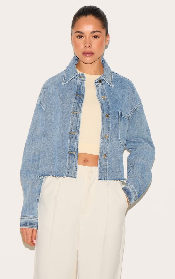 Mid Blue Wash Raw Hem Cropped Denim Shirt