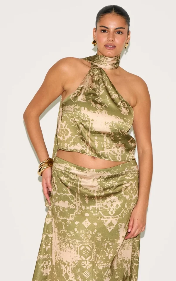 Plus Khaki Printed Satin Scarf Detail Crop Top
