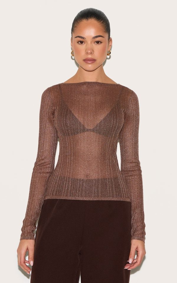 Chocolate Sheer Knit Long Sleeve Boat Neck Top
