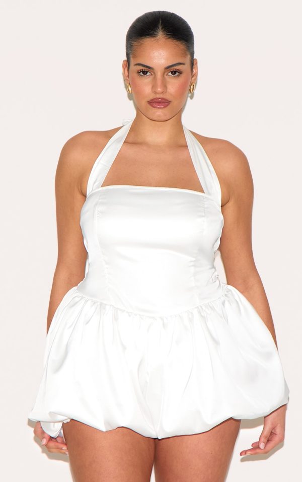 Plus White Satin Halter Neck Puffball Romper