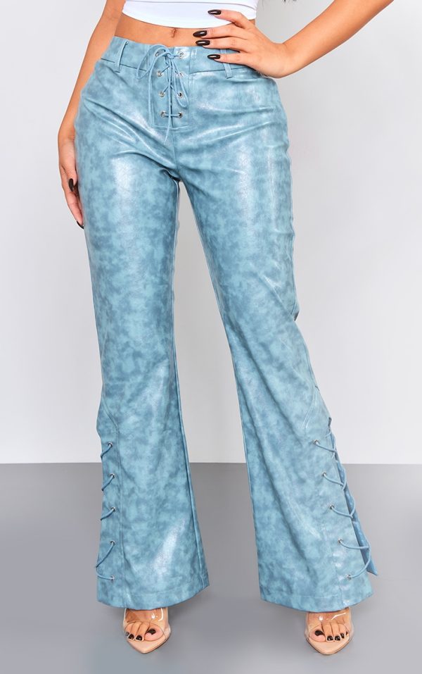 Petite Blue Faux Leather Lace Up Straight Leg Pants