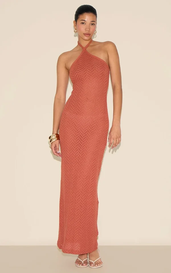 Rust Textured Tie Halter Maxi Dress