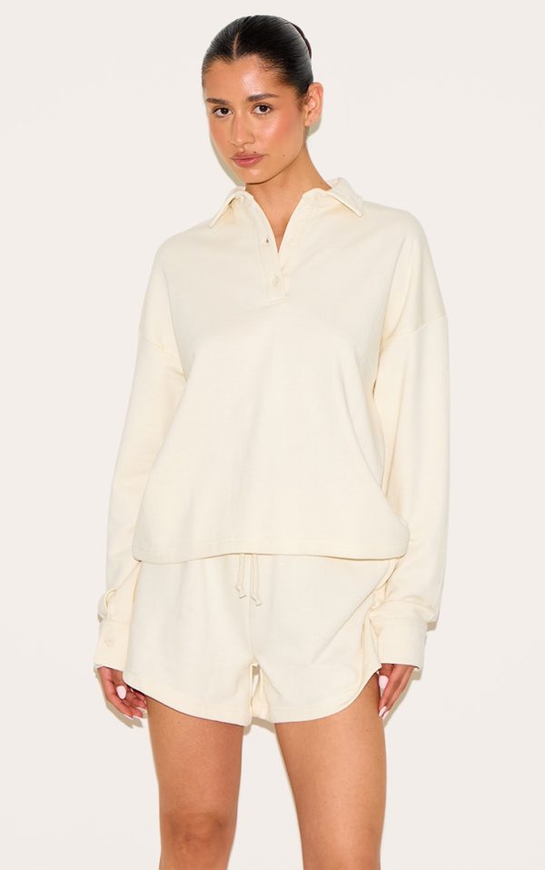 Tall Cream Loopback Oversized Polo Detail Sweatshirt