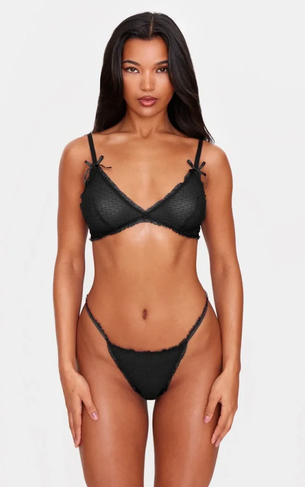 Black Textured Mesh Frill Edge Triangle Bra