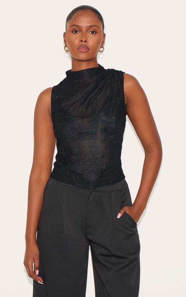 Black Lace Ruched Shoulder High Neck Top