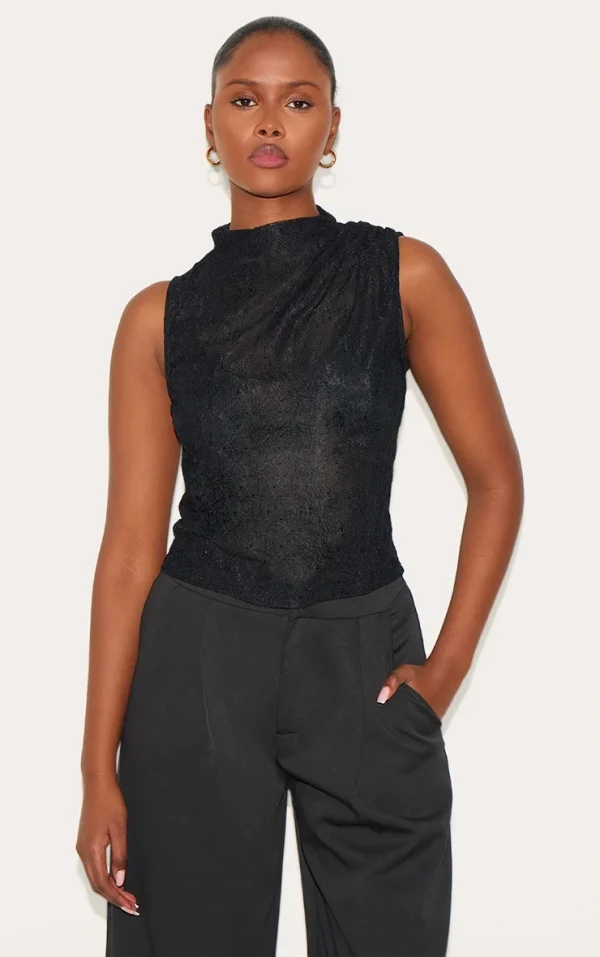 Black Lace Ruched Shoulder High Neck Top