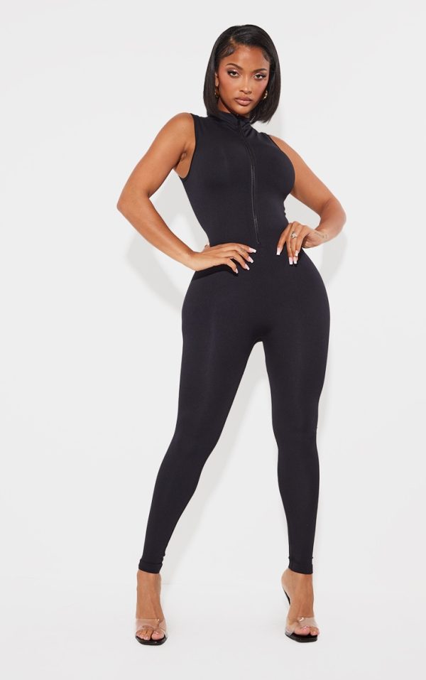 Shape Black Stretch Seamless Zip Front Sleeveless Jumpsuit
